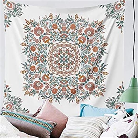 Mandala Flower Tapestry Wall Hanging - Bohemian Hippie White Tapestry Sketched - Picture 7 of 7
